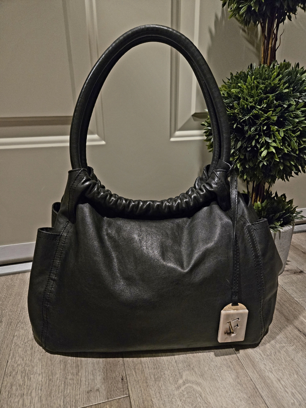 FURLA Classic Black Leather Ruched-Handle Shoulder Bag